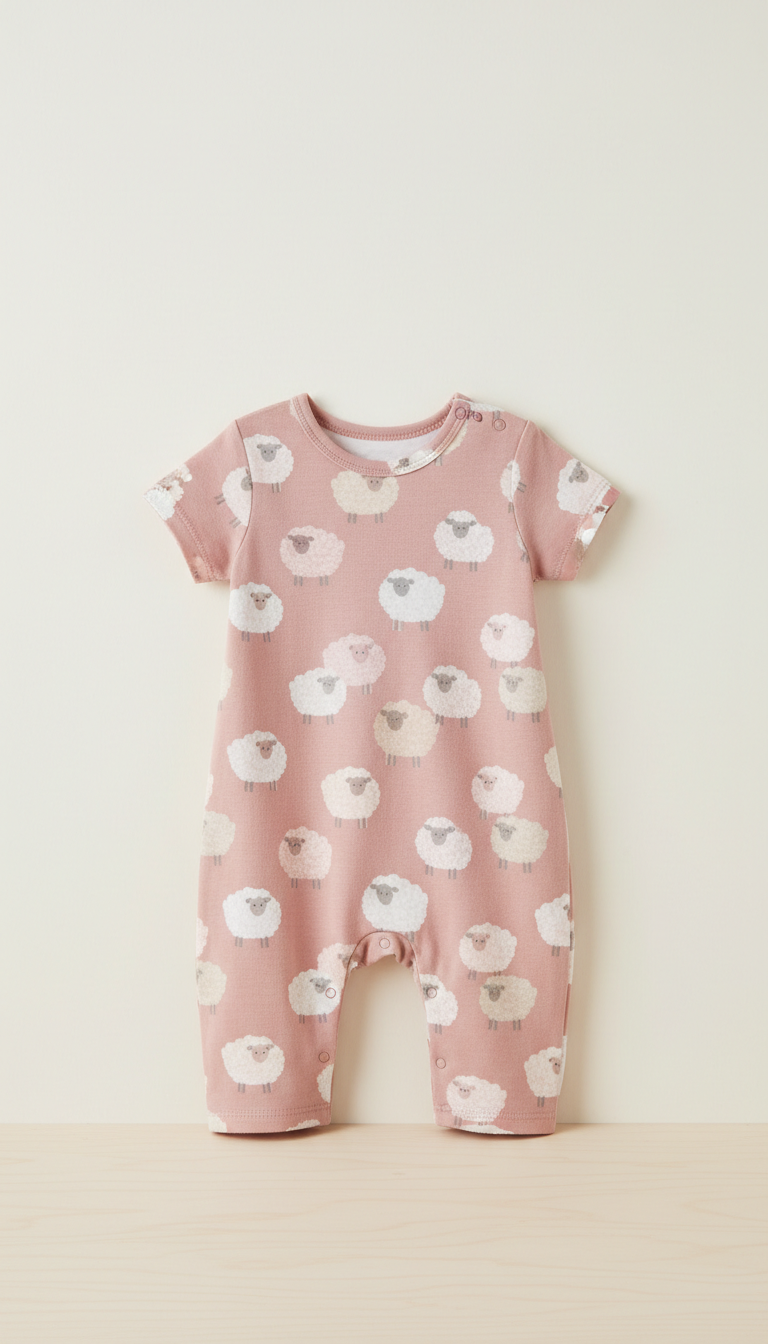 Cotton Romper with Sheep Motif